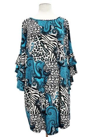 52 PQ {Stroke Of Genius} Teal Blue Mixed Print Tunic EXTENDED PLUS SIZE 3X 4X 5X