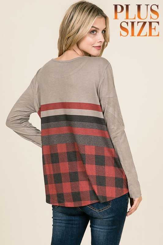 19 CP-T {Heading Out}  Grey With Red Black Plaid Top PLUS SIZE XL 2X 3X