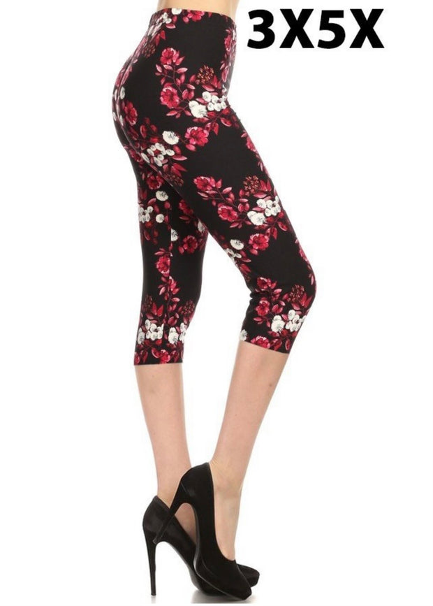 LEG-52 {Pointed Past} Pink White Floral Printed Butter Soft Capri Leg EXTENDED PLUS SIZE 3X/5X