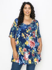 86 PSS- B {Count On It} Navy Floral V-Neck Top PLUS SIZE 3X 4X 5X
