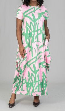 LD-F {All This Love} Pink/Green Print Maxi Bubble Dress PLUS SIZE XL