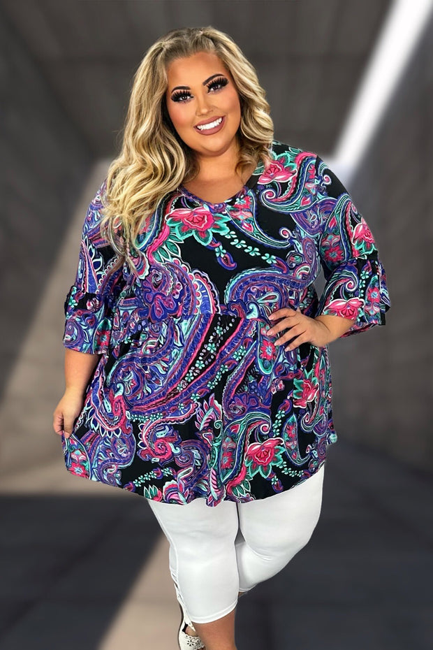 73 PSS {Promising Future} Blue Fuchsia Paisley Babydoll Top  EXTENDED PLUS SIZE 1X 2X 3X 4X 5X