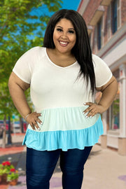 64 CP-I {Call Me Babe} Lt. Blue Tiered V-Neck Top PLUS SIZE 1X 2X 3X