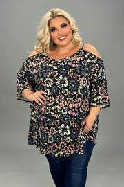 41 OS {You Belong To Me} Black Floral Cold Shoulder Tunic CURVY BRAND!!!  EXTENDED PLUS SIZE 4X 5X 6X