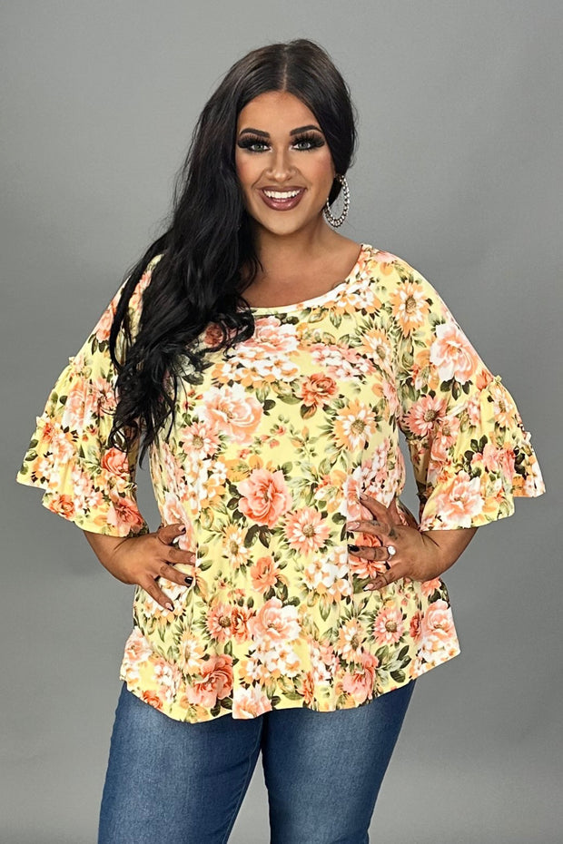 90 PQ {Simple Wishes} Yellow/Peach Floral Ruffle Sleeve Top PLUS SIZE XL 2X 3X