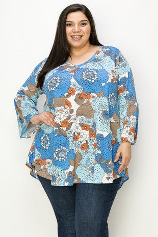 73 PQ {Classy And Comfy} Blue/Brown Floral V-Neck Top EXTENDED PLUS SIZE 3X 4X 5X