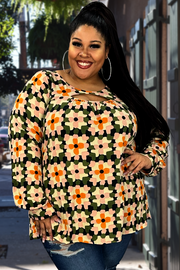 95 PLS-G {Someone To Admire} Olive Floral Keyhole Top PLUS SIZE 1X 2X 3X