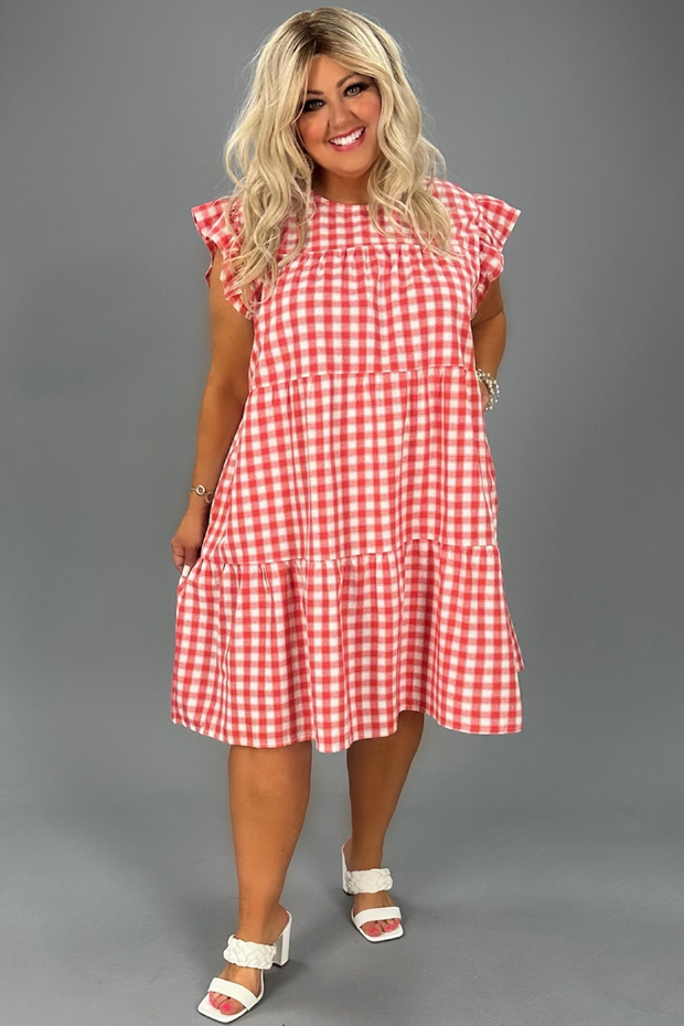 14 PSS-K {No Time Like Now} Red Gingham Print Tiered Dress PLUS SIZE XL 2X 3X