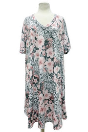 89 PSS-Z {Season Of Sweetness} Grey/Pink Floral V-Neck Dress EXTENDED PLUS SIZE 3X 4X 5X