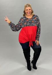 45-GT-G ( Written Love Letters) Red Black Tunic w/ Script & Tie Front PLUS SIZE 1X 2X 3X