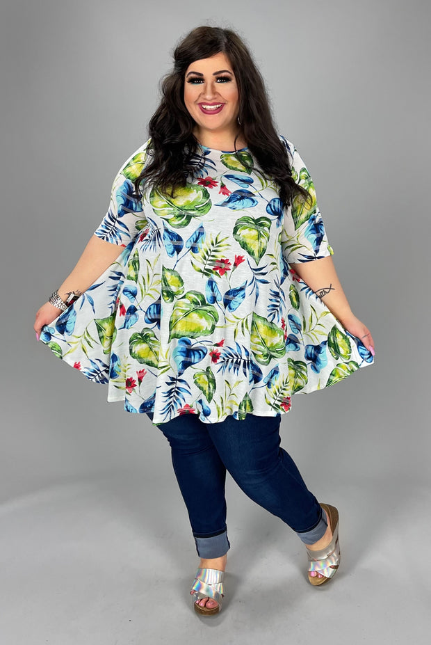 89 PSS-H {Meet Me In The Tropics} Ivory Print Short Sleeve Top EXTENDED PLUS SIZE 3X 4X 5X