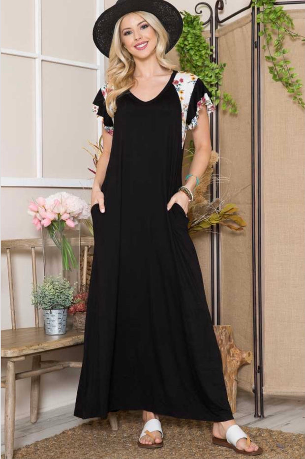 LD-B {Everyday Stunner} Black Long Dress Floral Sleeves PLUS SIZE 1X 2X 3X