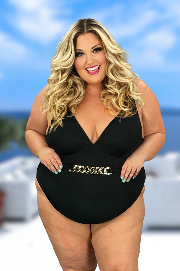 SWIM-F {Island Hopping} Black Belted One Piece Swimsuit EXTENDED PLUS SIZE 4X