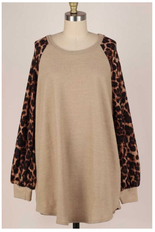 CP-G {Too Cute} SALE!! Beige Knit Top Brown Leopard Sleeve PLUS SIZE XL 2X 3X