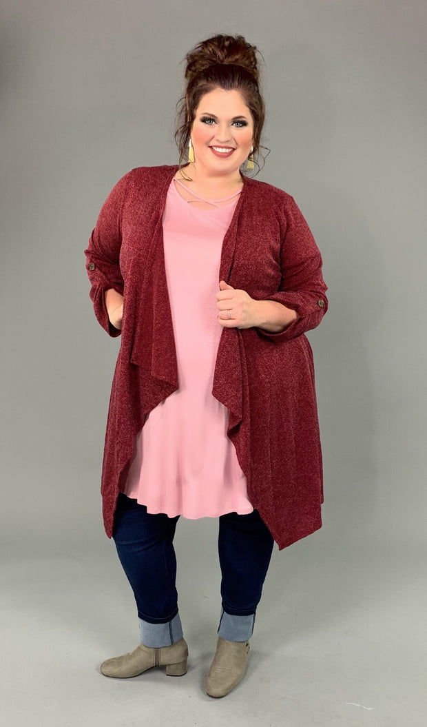OT-K {Walk In The Park} Burgundy Cardigan with Roll-Tab Sleeves