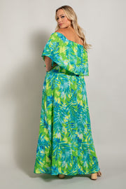 LD-B {Waiting On Love} Green/Blue Leaf Print Maxi Dress PLUS SIZE 1X 2X 3X