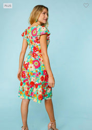 23 PSS {Grace Given} Mint Floral Ruffle Sleeve & Hem Dress PLUS SIZE XL 2X 3X