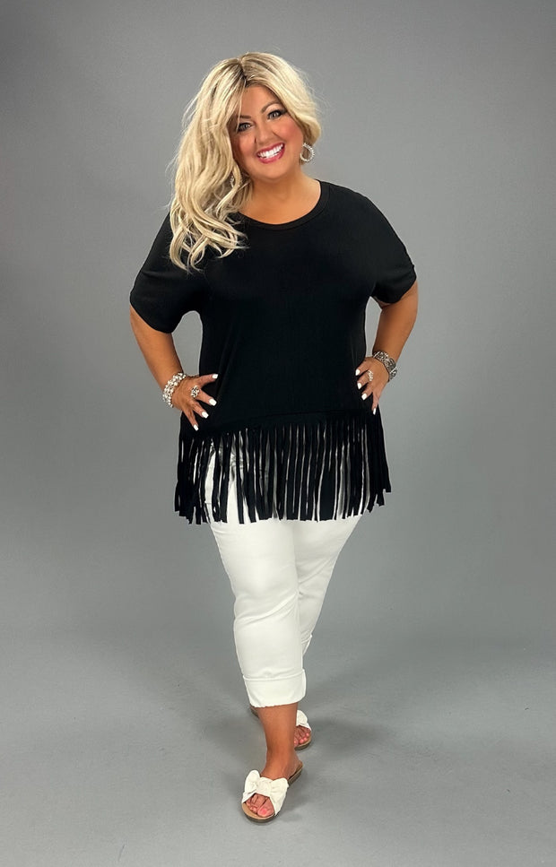 75 SSS-Y {Living On The Fringe} Black Fringe Hem Top PLUS SIZE XL 2X 3X