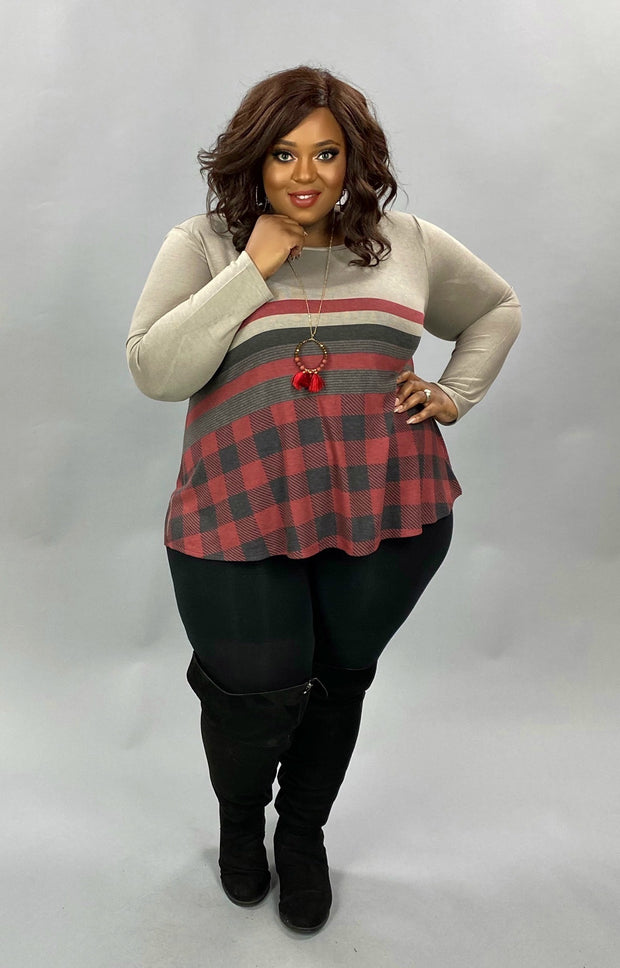 19 CP-T {Heading Out}  Grey With Red Black Plaid Top PLUS SIZE XL 2X 3X
