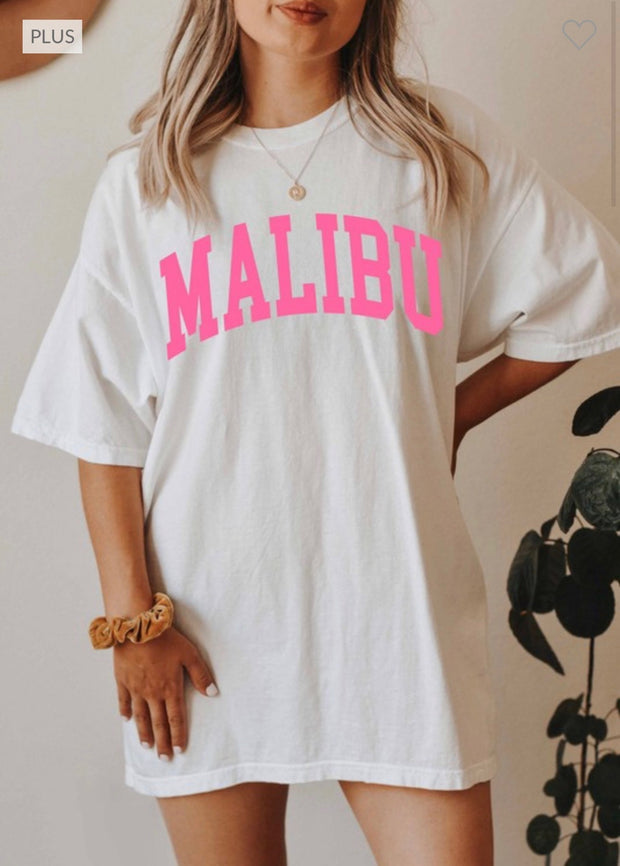 30 GT-H {Malibu} White/Pink MALIBU Graphic Tee PLUS SIZE 1X 2X 3X