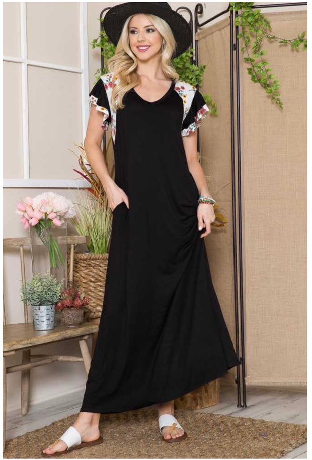LD-R {Everyday Stunner} Black Long Dress Floral Sleeves PLUS SIZE 1X 2X 3X