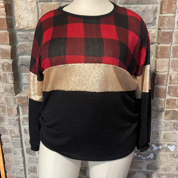 21 CP-P {Call You Soon} Red Black Plaid  Contrast Top PLUS SIZE XL 2X 3X