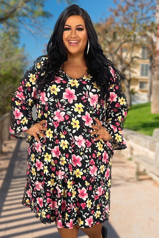 47 PQ-R {Love One Another} Black Floral V-Neck Dress EXTENDED PLUS SIZE 4X 5X 6X