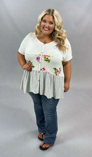 63 CP-A {Lovely Life} White Floral & Stripe Contrast Top PLUS SIZE XL 2X 3X