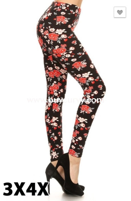Leg/cp-Black Leggings With Red & White Floral Print