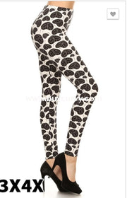 Leg/cp-White Leggings With Black Heart Leaf Print