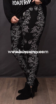 Leg/sls-Black & White Stencil Art Floral Leggings