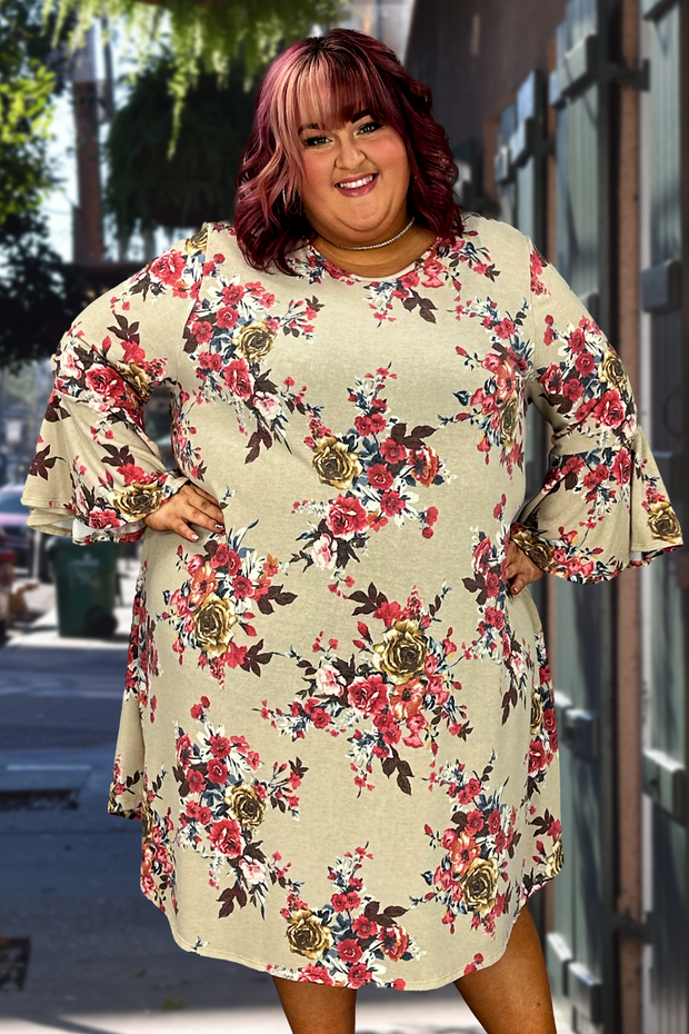 64 PQ-M {Love And Honey} Taupe Floral Bell Sleeve Dress  SALE!!!  EXTENDED PLUS SIZE 3X 4X 5X