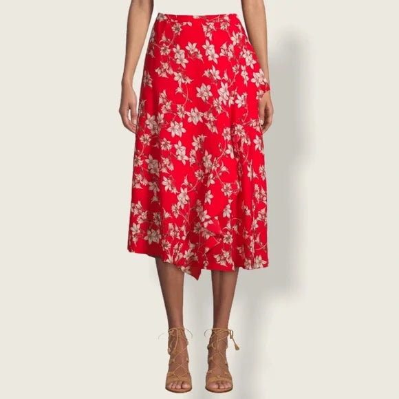 BT-G  M-109 {Calvin Klein} Red Floral Ruffle Trim Skirt RETAIL $99.50 PLUS SIZE 24W