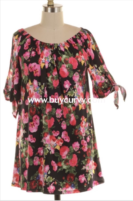 Ocs-A {Really Like It} Black/floral Top With Tie Sleeves Open Shoulder