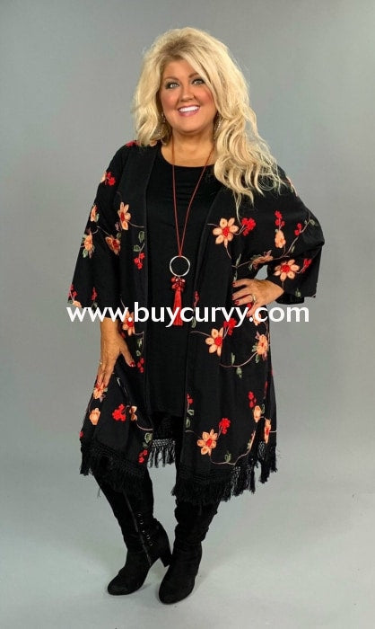 Ot-A Overcome The Day Black Floral Long Cardigan W/ Fringe Outerwear