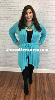 Ot-D Turquoise Asymmetrical Cardigan With Waist Tie Outerwear