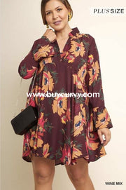 Pls-M Umgee Wine Floral Tunic Dress With Collar & Bell Sleeves Pls