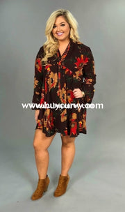 Pls-M Umgee Wine Floral Tunic Dress With Collar & Bell Sleeves Pls