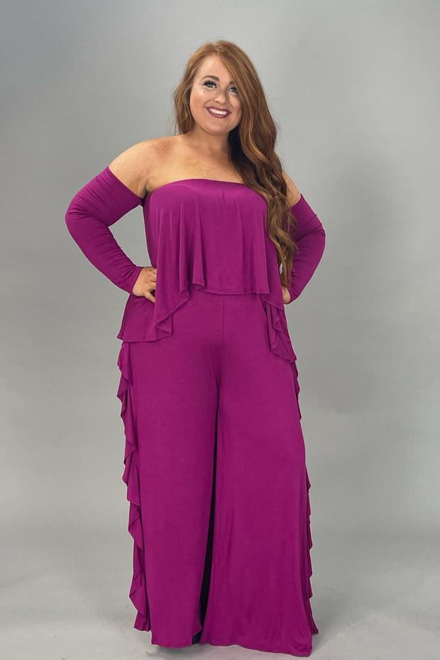 RP-ZZ Plum 1 pc. Romper Long Sleeves With Ruffle Detail