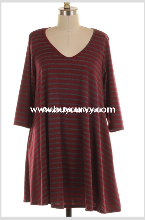 Pq-O {Last Chance} Burgundy/gray Striped Dress With Pockets Pq