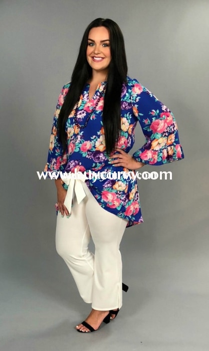 Pq-Z {Sale!!} Audience For You Blue Floral V-Neck Bell Sleeve Pq