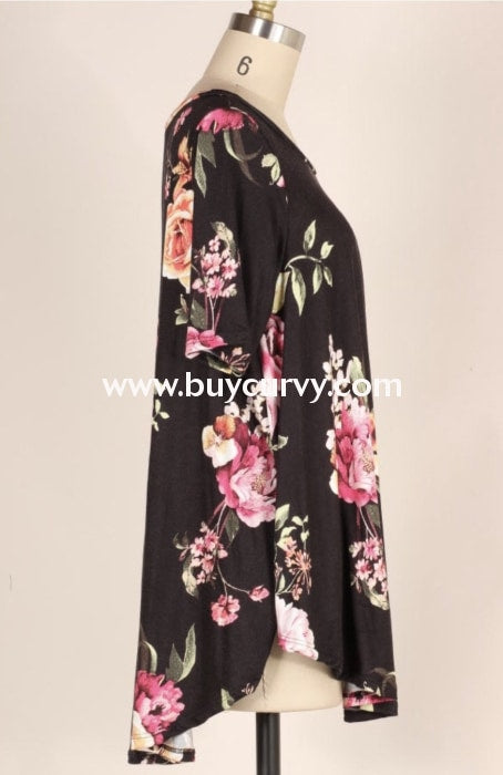 Pss-H {Find True Love} Loose-Fitting Black Floral Tunic Pss