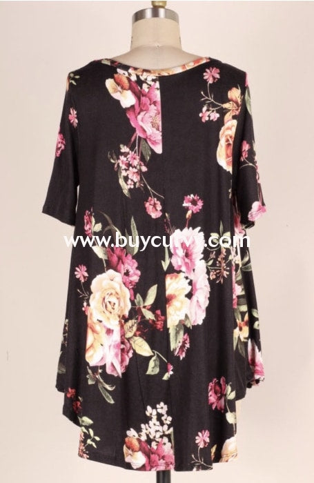 Pss-H {Find True Love} Loose-Fitting Black Floral Tunic Pss