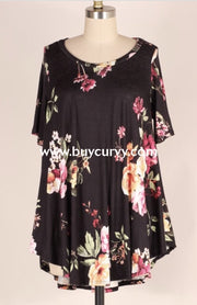 Pss-H {Find True Love} Loose-Fitting Black Floral Tunic Pss