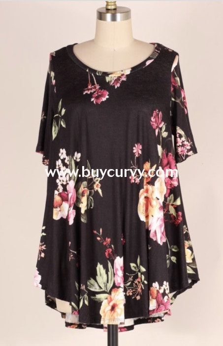 Pss-H {Find True Love} Loose-Fitting Black Floral Tunic Pss