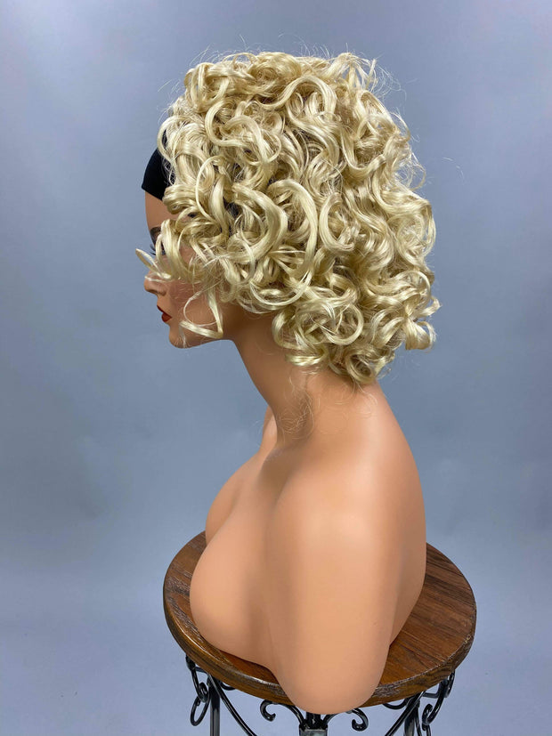 {Angel} Short Thick Super Curly Bright Blonde Headband Wig