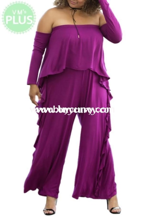 Rp-Zz Plum Romper Long Sleeves With Ruffle Detail