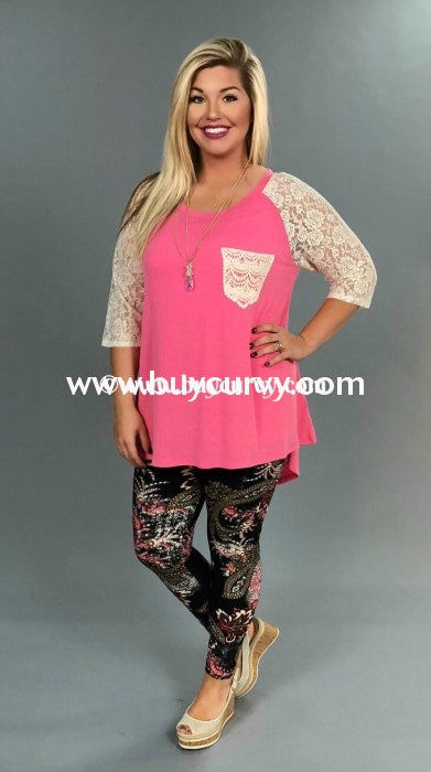 Sd-A Umgee Pink Hi-Lo With Lace Sleeves & Pocket Sale!! Solid With Detail