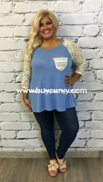Sd-B Umgee Blue Hi-Lo With Lace Sleeves & Pocket Sale!! Solid With Detail