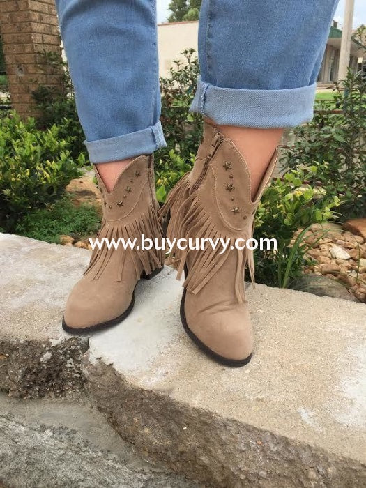 Shoes-Beige Cowboy Style Boots With Star Studs & Fringe Detail Sale! Shoes